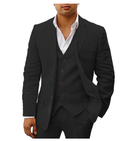"Costume homme 3 pièces élégant avec veste, gilet et pantalon assortis, idéal pour mariages d'été et réceptions."