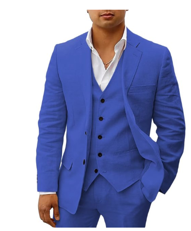 "Costume homme 3 pièces élégant avec veste, gilet et pantalon assortis, idéal pour mariages d'été et réceptions."