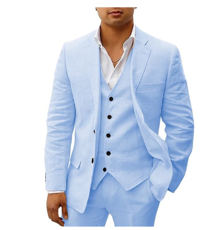 "Costume homme 3 pièces élégant avec veste, gilet et pantalon assortis, idéal pour mariages d'été et réceptions."
