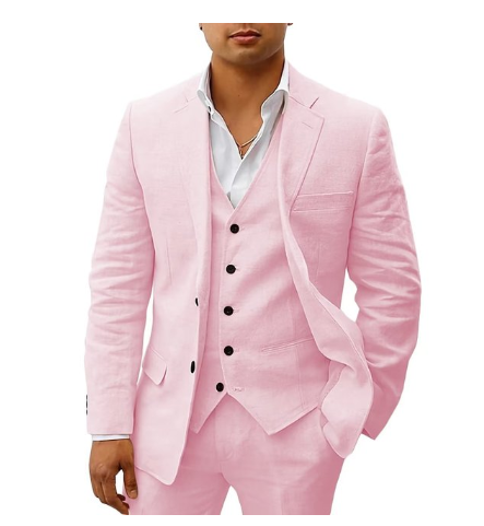 "Costume homme 3 pièces élégant avec veste, gilet et pantalon assortis, idéal pour mariages d'été et réceptions."