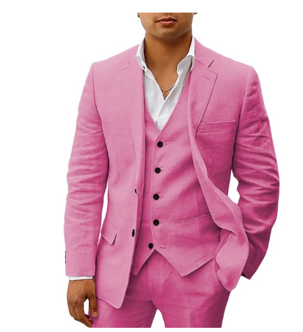 "Costume homme 3 pièces élégant avec veste, gilet et pantalon assortis, idéal pour mariages d'été et réceptions."