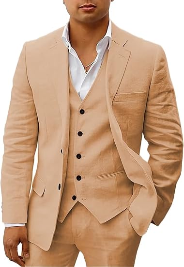 "Costume homme 3 pièces élégant avec veste, gilet et pantalon assortis, idéal pour mariages d'été et réceptions."