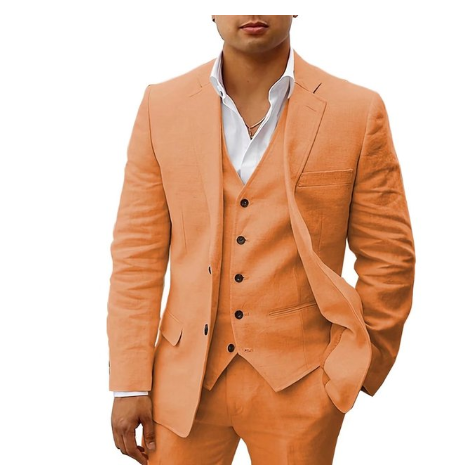 "Costume homme 3 pièces élégant avec veste, gilet et pantalon assortis, idéal pour mariages d'été et réceptions."
