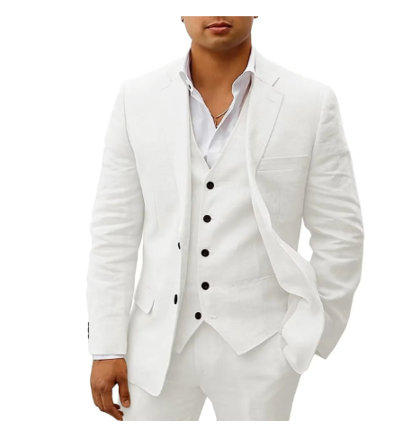 "Costume homme 3 pièces élégant avec veste, gilet et pantalon assortis, idéal pour mariages d'été et réceptions."