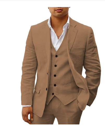 "Costume homme 3 pièces élégant avec veste, gilet et pantalon assortis, idéal pour mariages d'été et réceptions."