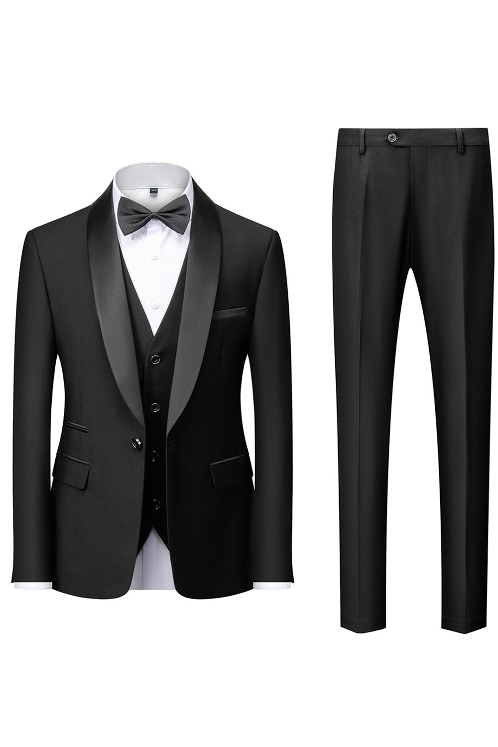 Costume homme 3 pièces noir élégant, coupe inversée moderne. Veste, pantalon, écharpe.