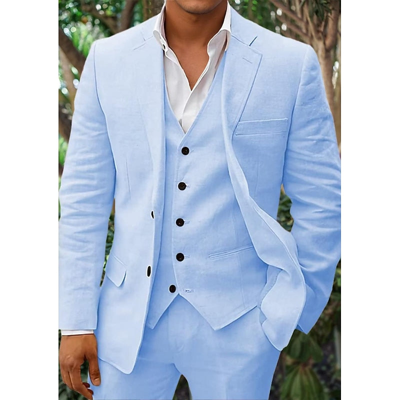 "Costume homme lin 3 pièces, blazer élégant, gilet classique, pantalon sobre, couleurs variées, mariage ou look chic."