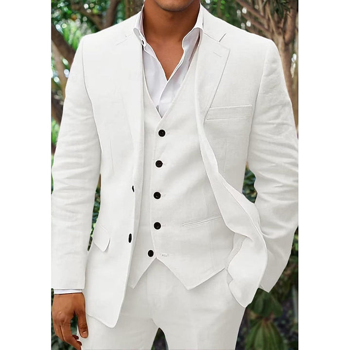 "Costume homme lin 3 pièces, blazer élégant, gilet classique, pantalon sobre, couleurs variées, mariage ou look chic."