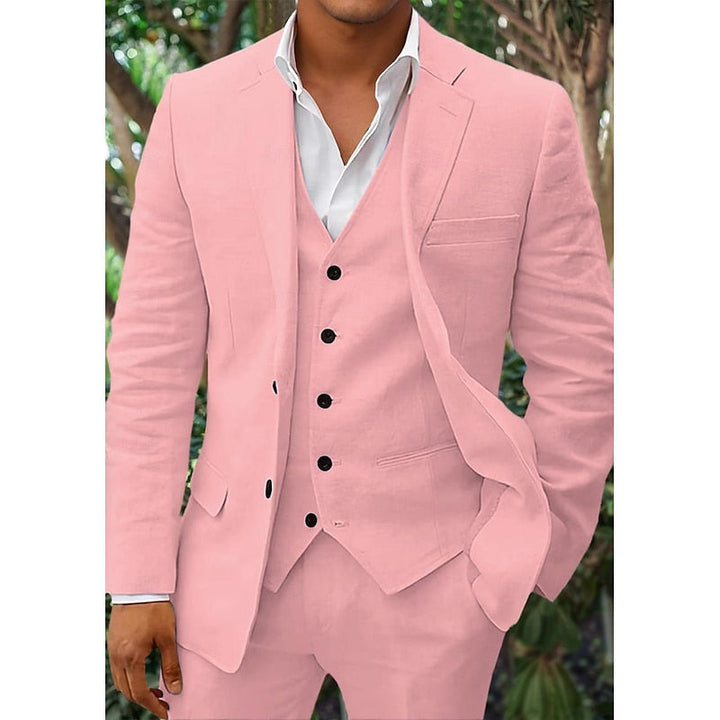 "Costume homme lin 3 pièces, blazer élégant, gilet classique, pantalon sobre, couleurs variées, mariage ou look chic."