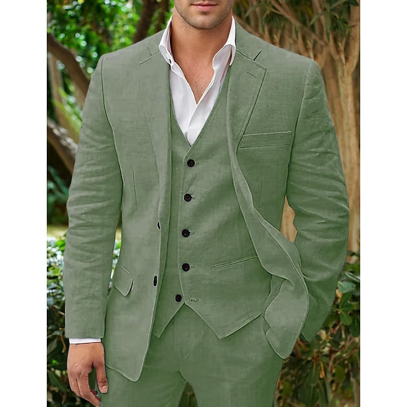 "Costume homme lin 3 pièces, blazer élégant, gilet classique, pantalon sobre, couleurs variées, mariage ou look chic."