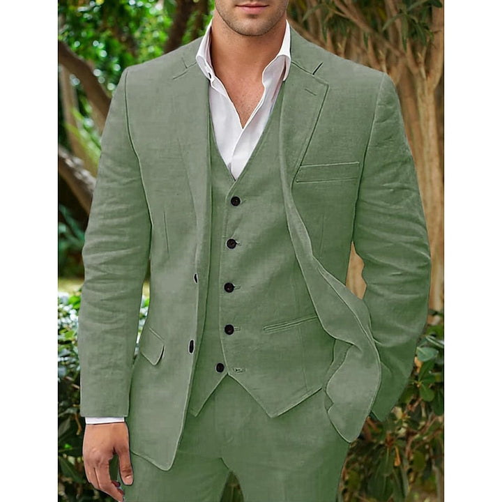 "Costume homme lin 3 pièces, blazer élégant, gilet classique, pantalon sobre, couleurs variées, mariage ou look chic."
