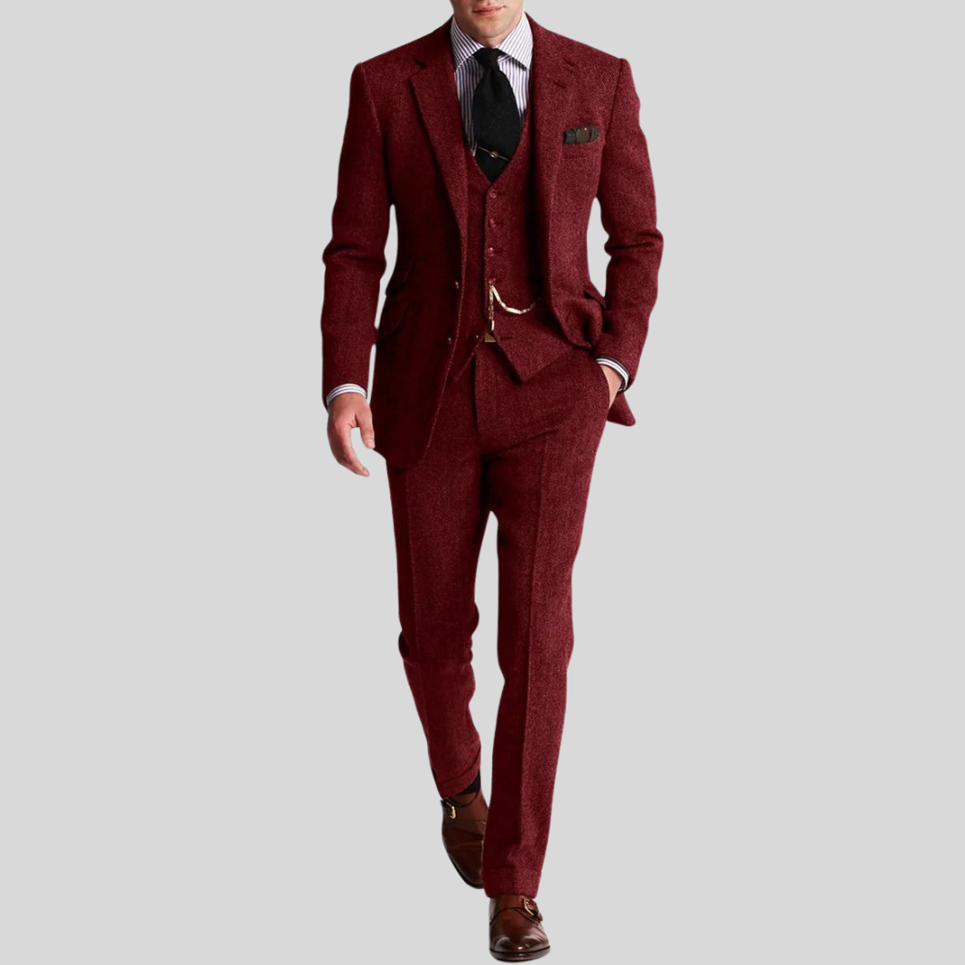 "Costume homme tweed trois pièces, coupe slim, veste, gilet, élégant et raffiné, idéal pour occasions formelles."