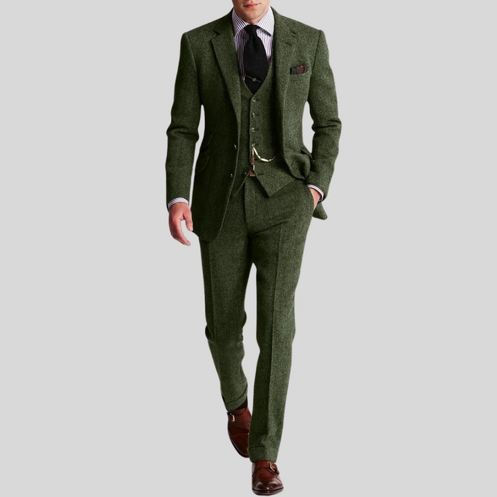 "Costume homme tweed trois pièces, coupe slim, veste, gilet, élégant et raffiné, idéal pour occasions formelles."