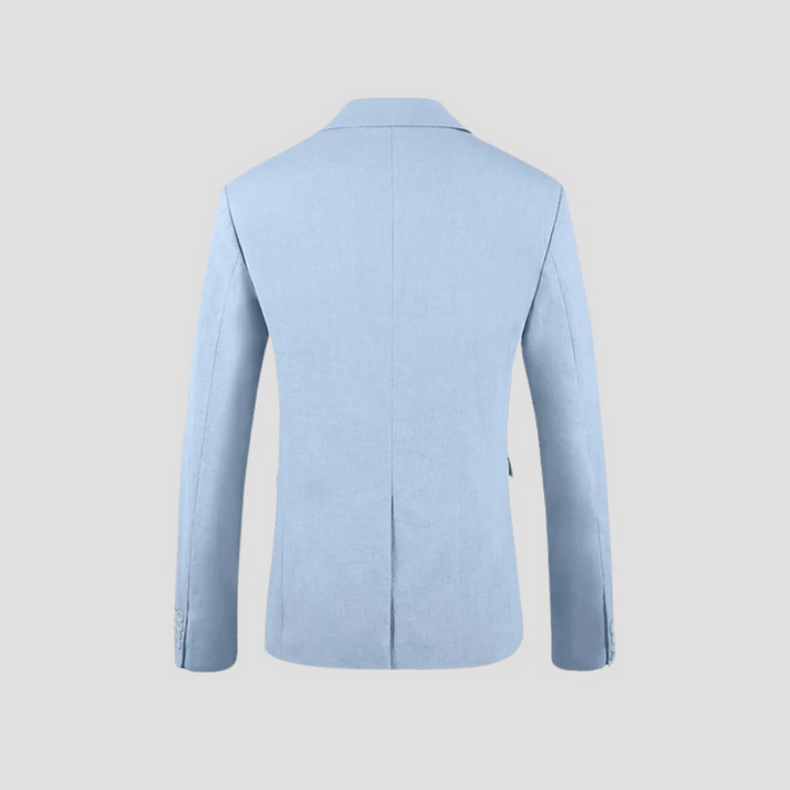 "Costume léger chic homme en lin-coton, tissu respirant, blazer deux boutons, pantalon fuselé élégant pour l'été."