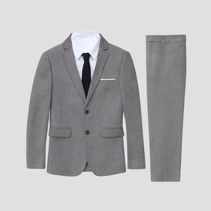 "Costume léger chic homme en lin-coton, tissu respirant, blazer deux boutons, pantalon fuselé élégant pour l'été."