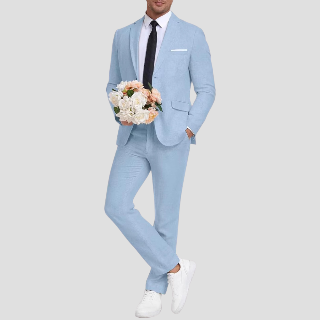 "Costume léger chic homme en lin-coton, tissu respirant, blazer deux boutons, pantalon fuselé élégant pour l'été."