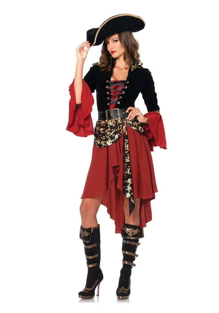 Costume pirate femme élégant, chapeau inclus.  Déguisement premium pour fêtes costumées.