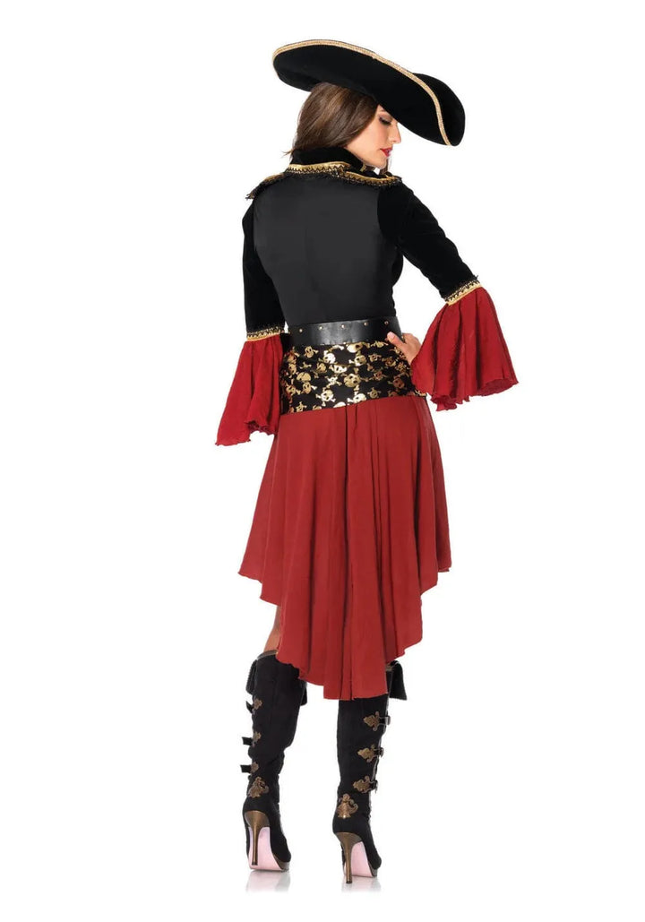 Costume pirate femme élégant, chapeau inclus.  Déguisement premium pour fêtes costumées.