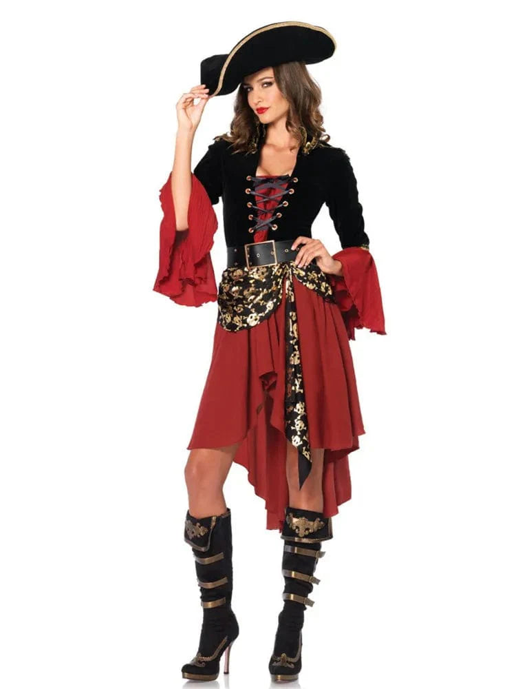 Costume pirate femme élégant, chapeau inclus.  Déguisement premium pour fêtes costumées.