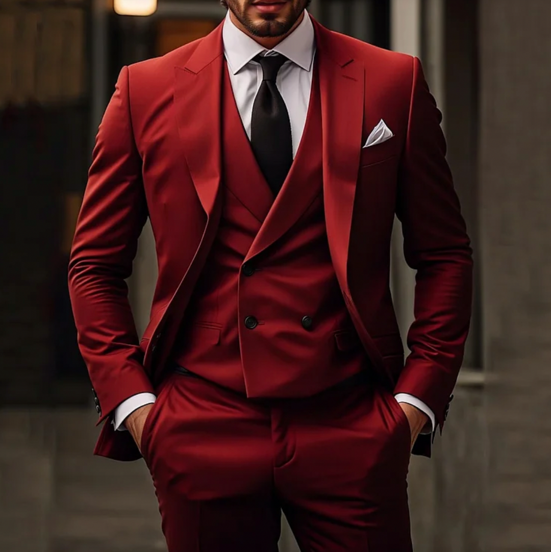 Costume trois pièces homme élégant, veste ajustée, gilet et pantalon assorti, style moderne pour mariage.