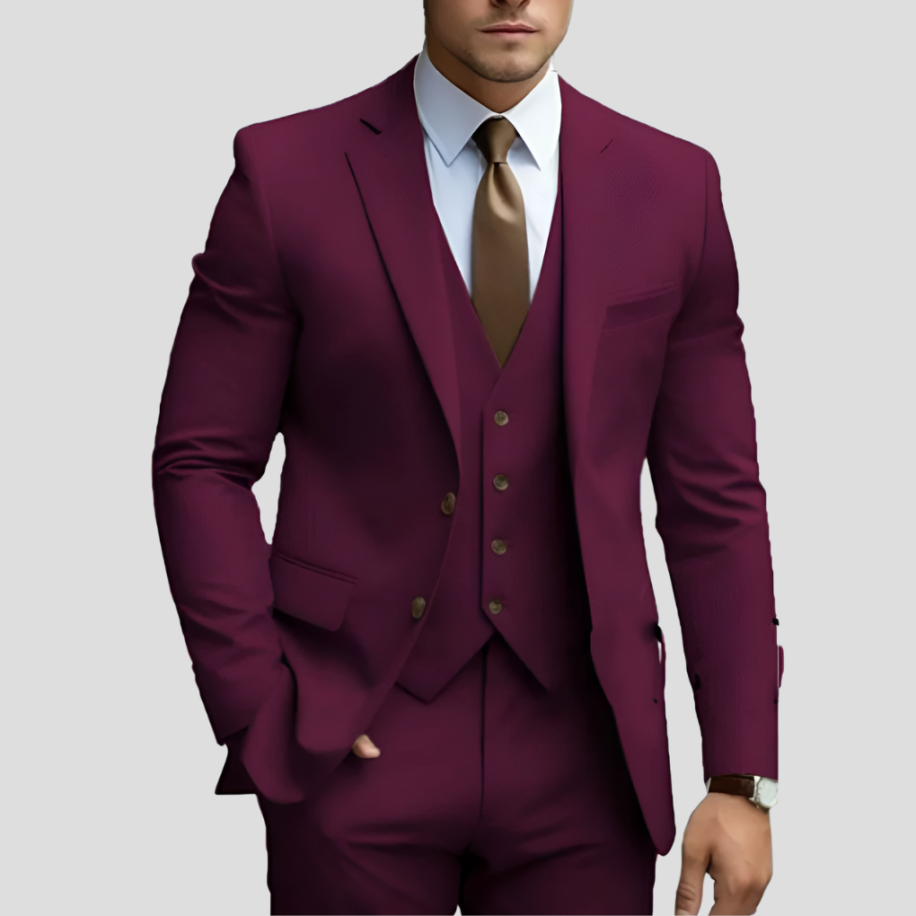 "Costume trois pièces slim fit beige, coupe élégante, veste, pantalon et gilet pour un look moderne et raffiné"