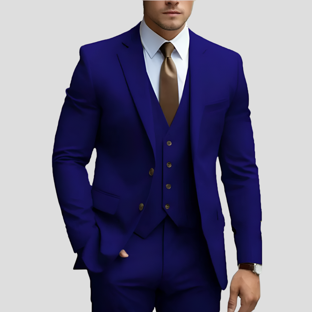 "Costume trois pièces slim fit beige, coupe élégante, veste, pantalon et gilet pour un look moderne et raffiné"