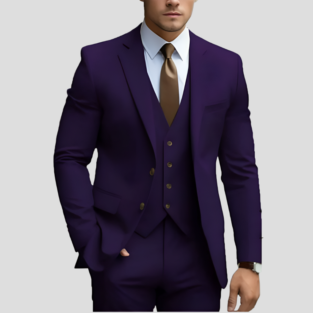 "Costume trois pièces slim fit beige, coupe élégante, veste, pantalon et gilet pour un look moderne et raffiné"
