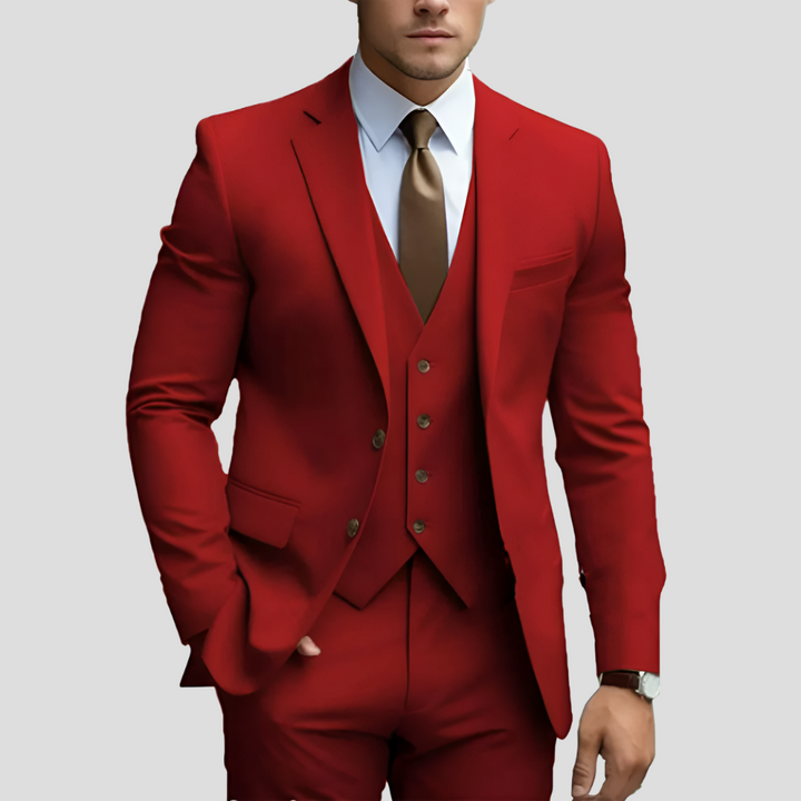 "Costume trois pièces slim fit beige, coupe élégante, veste, pantalon et gilet pour un look moderne et raffiné"