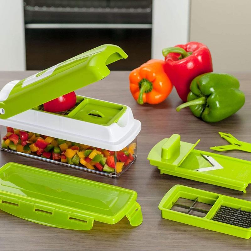 "Coupe-légumes 12 en 1 avec lames interchangeables, bac de récupération, outil cuisine polyvalent, découpe rapide légumes"