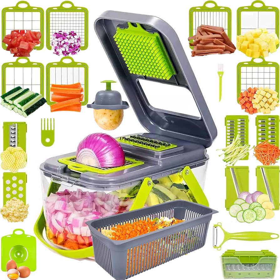 "Coupe-légumes 18 en 1 multifonction, lames inox, design ergonomique, idéal pour râper, trancher et économiser du temps."
