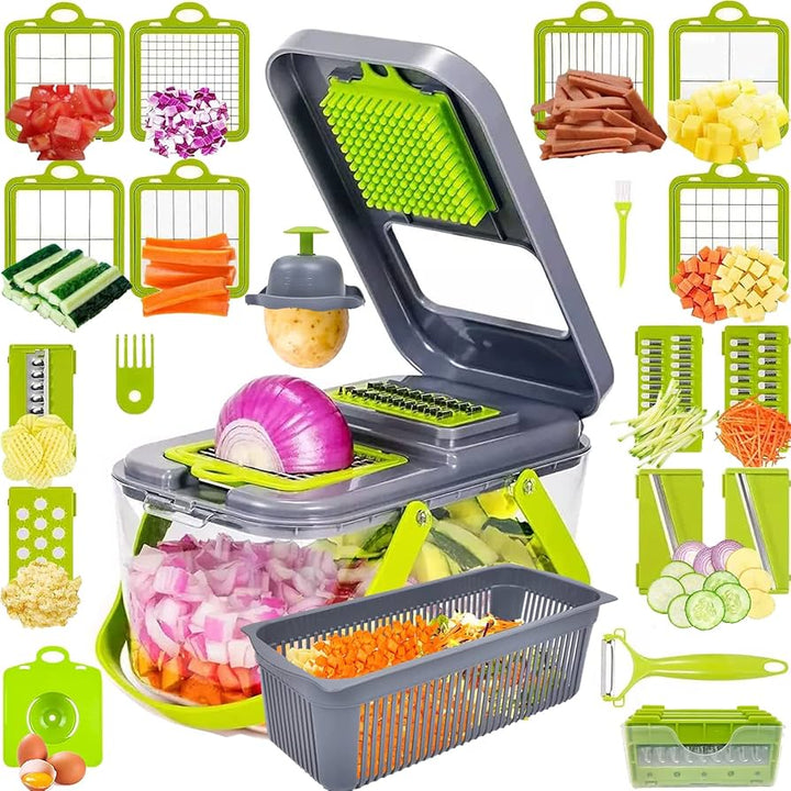 "Coupe-légumes 18 en 1 multifonction, lames inox, design ergonomique, idéal pour râper, trancher et économiser du temps."