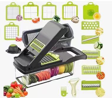 "Coupe-légumes 18 en 1 multifonction, lames inox, design ergonomique, idéal pour râper, trancher et économiser du temps."