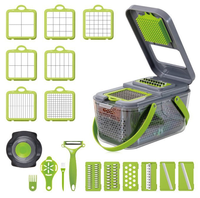 "Coupe-légumes 18 en 1 multifonction, lames inox, design ergonomique, idéal pour râper, trancher et économiser du temps."