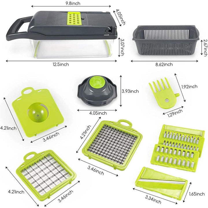 "Coupe-légumes 18 en 1 multifonction, lames inox, design ergonomique, idéal pour râper, trancher et économiser du temps."
