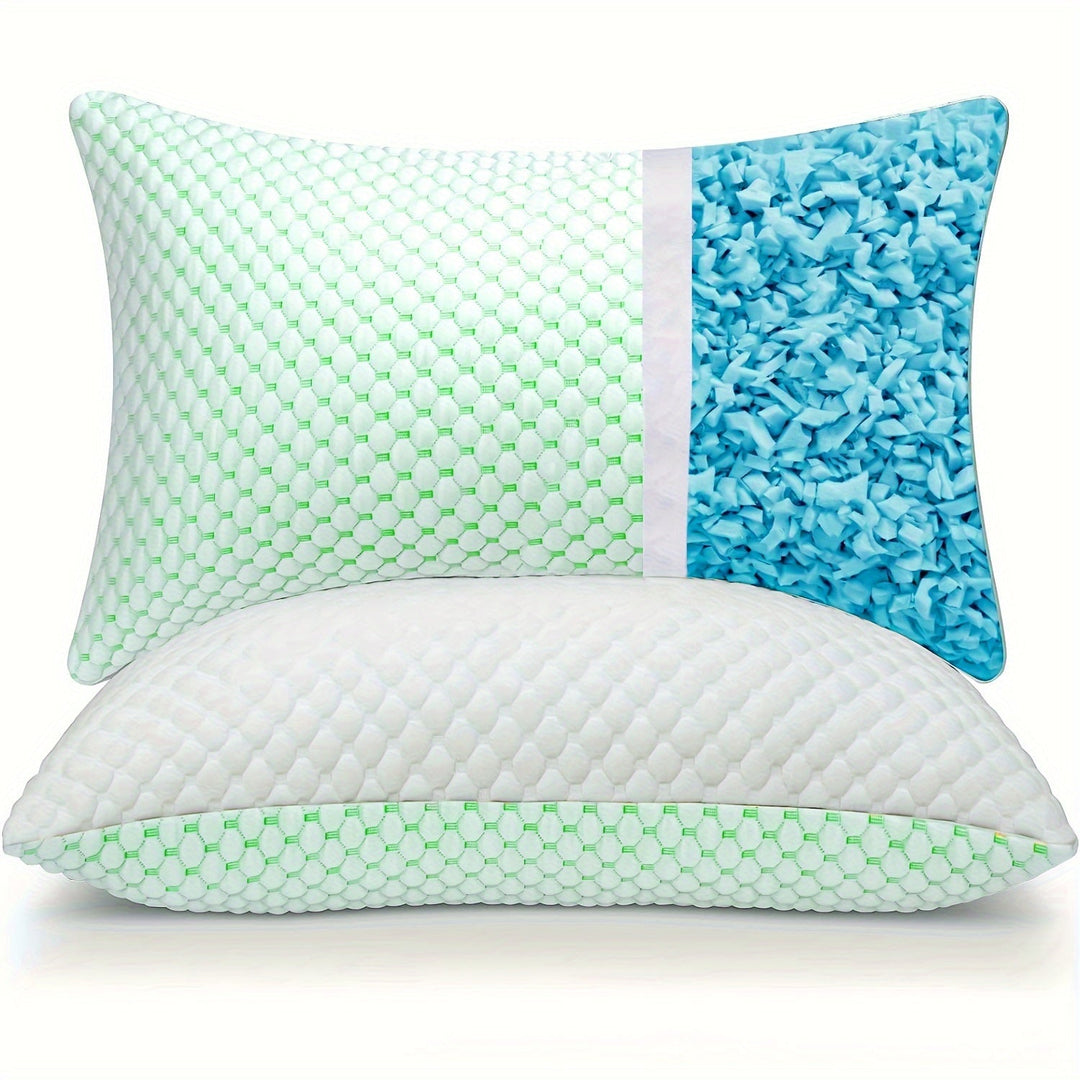 Coussin rafraîchissant bambou, mousse mémoire de forme, bleu. Confort optimal.