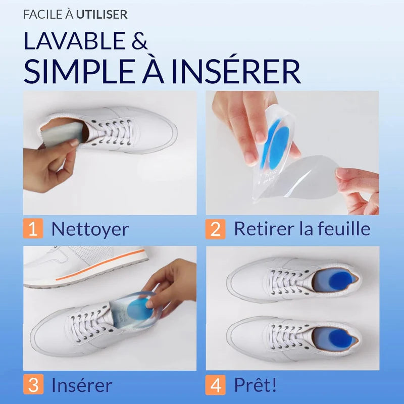 Quatre coussinets de talon en gel, semelles orthopédiques pour chaussures. Amorti supérieur, confort et soulagement.