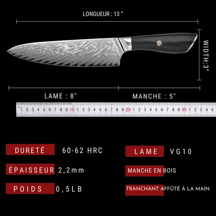 Couteau chef japonais 8", acier Damas, lame ciselée, manche bois noir.  Précision & élégance.