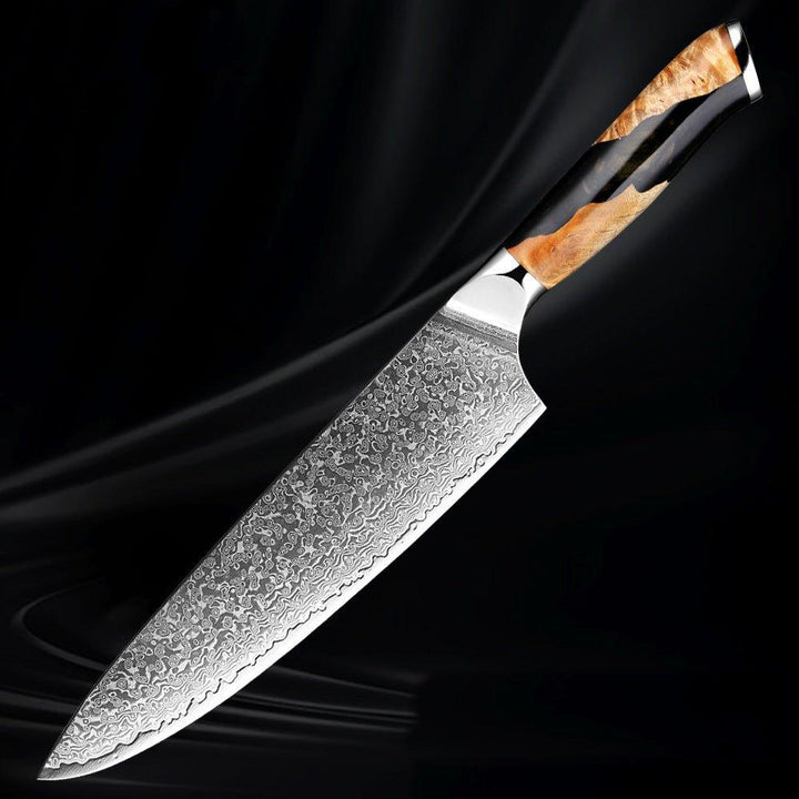 Couteau chef japonais 8", acier Damas VG10, manche bois. Lame damassée, affûtage manuel,  ergonomique.