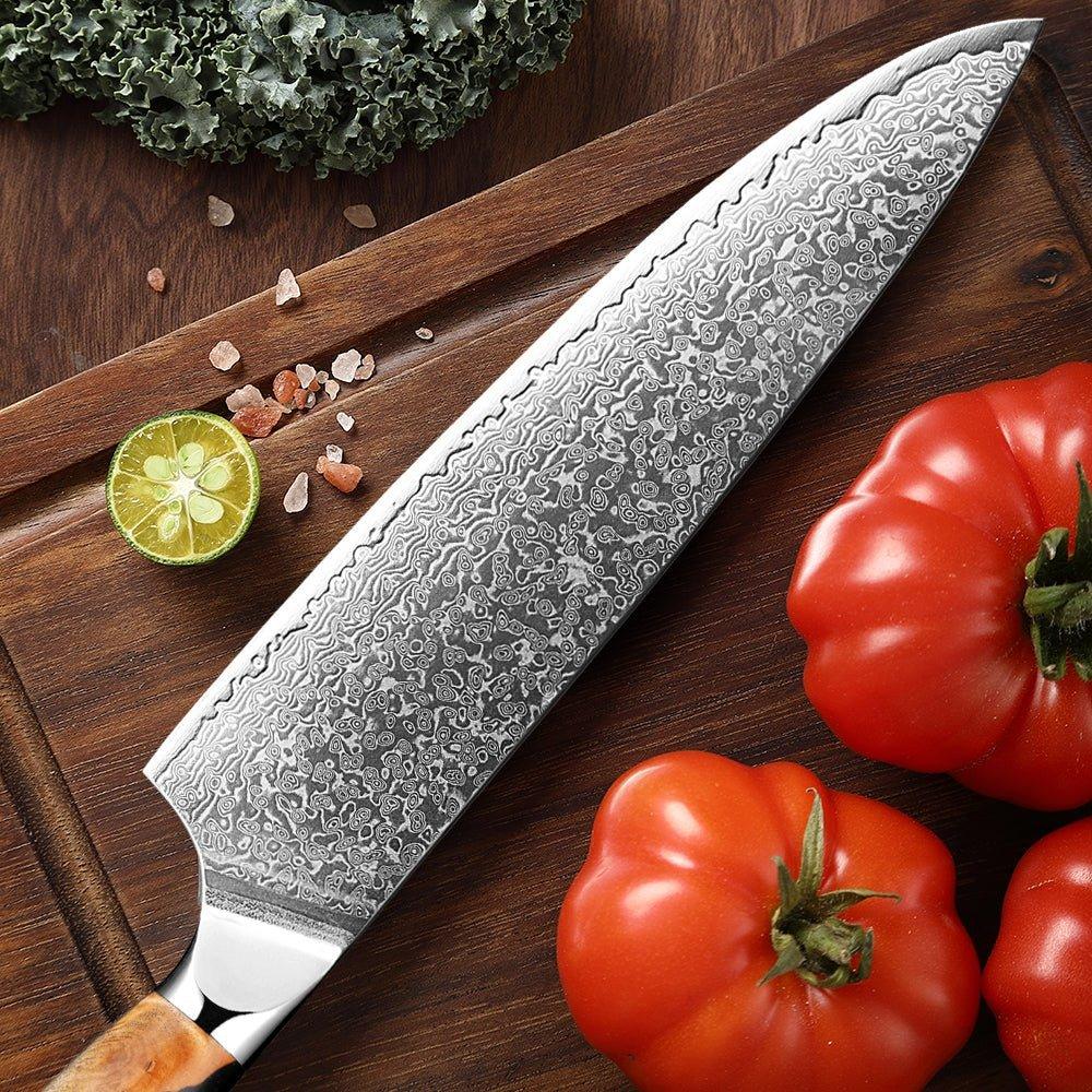 Couteau chef japonais 8", acier Damas VG10, manche bois. Lame damassée, affûtage manuel,  ergonomique.