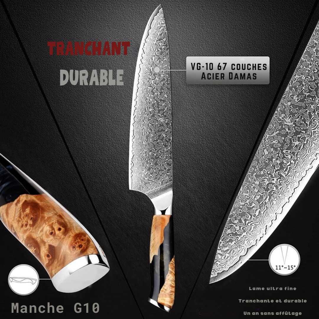 Couteau chef japonais 8", acier Damas VG10, manche bois. Lame damassée, affûtage manuel,  ergonomique.