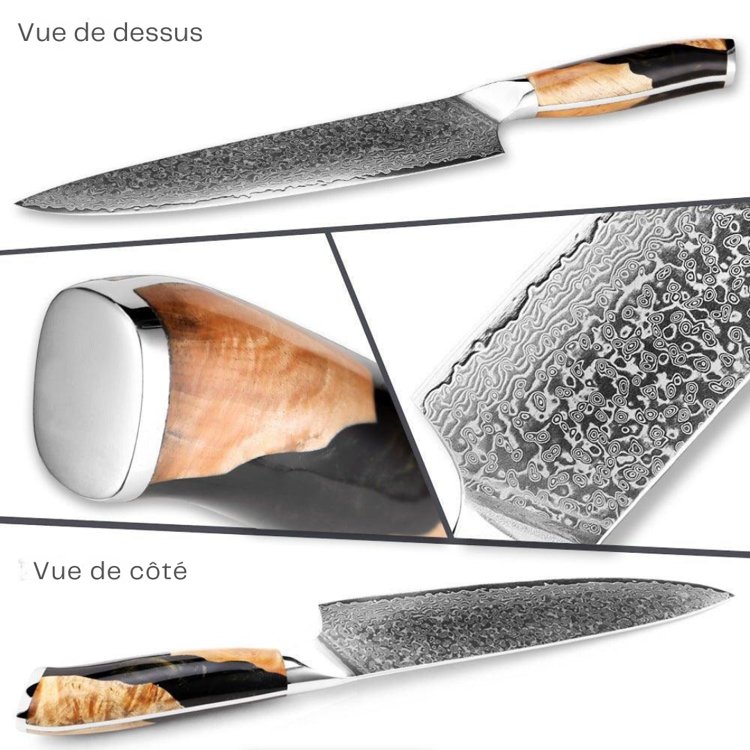 Couteau chef japonais 8", acier Damas VG10, manche bois. Lame damassée, affûtage manuel,  ergonomique.