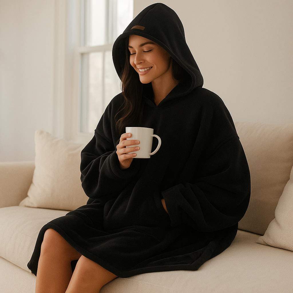 Couverture polaire douce à capuche pour femme, idéale pour cocooning à la maison en hiver.