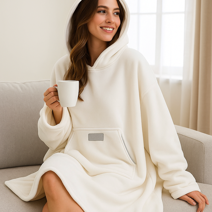 Vêtement-couverture polaire femme, ultra douce avec capuche, procure un confort enveloppant pour l'hiver.