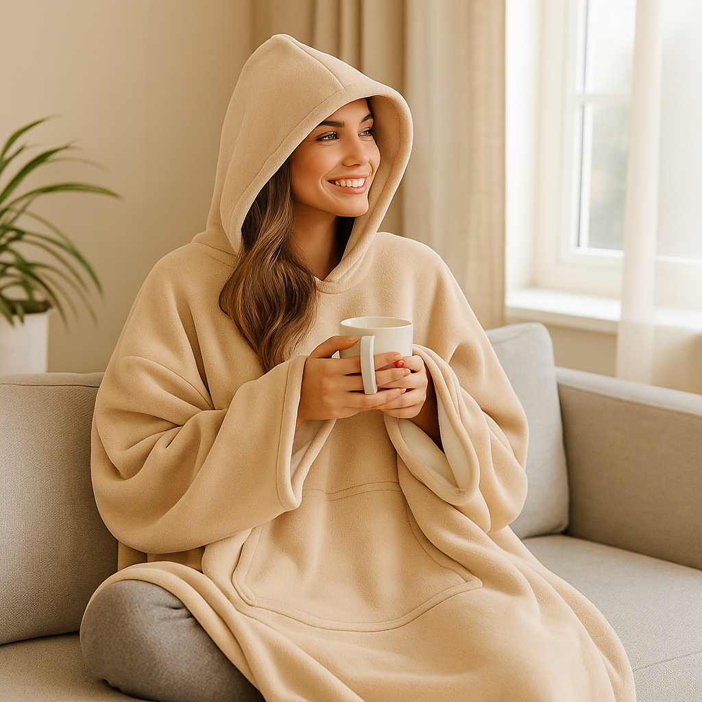 Femme enveloppée dans une couverture polaire à capuche, profitant de la douceur et de la chaleur à la maison.