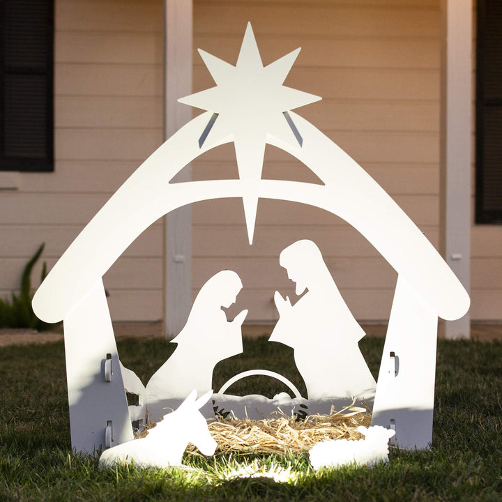 Crèche de Noël lumineuse pour extérieur, décoration festive de jardin avec lumières LED éclatantes.