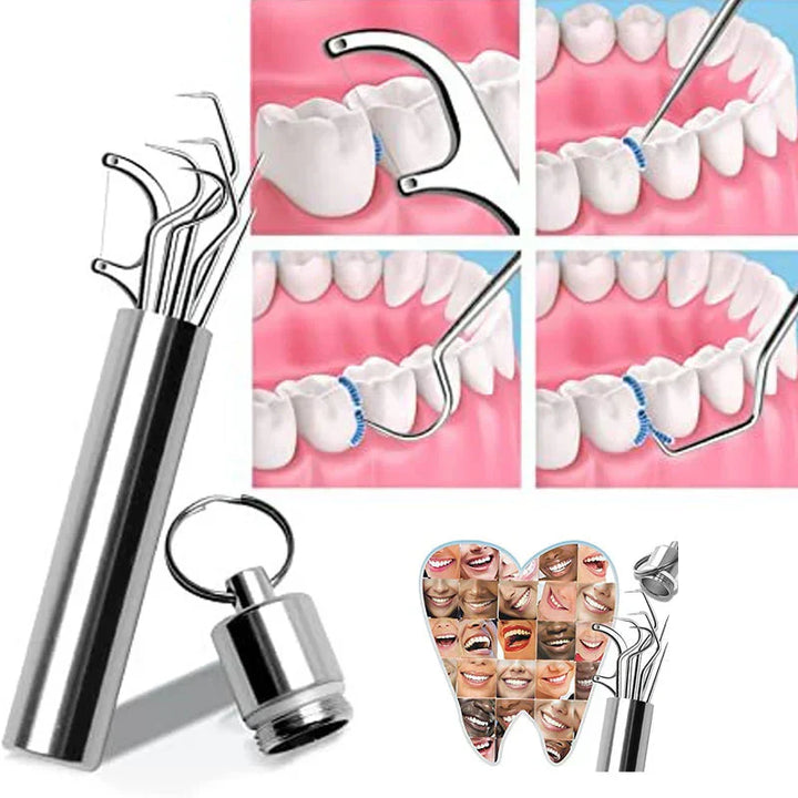 "Cure-dents réutilisables en acier inoxydable avec étui bleu, hygiénique et durable pour soin dentaire écologique."