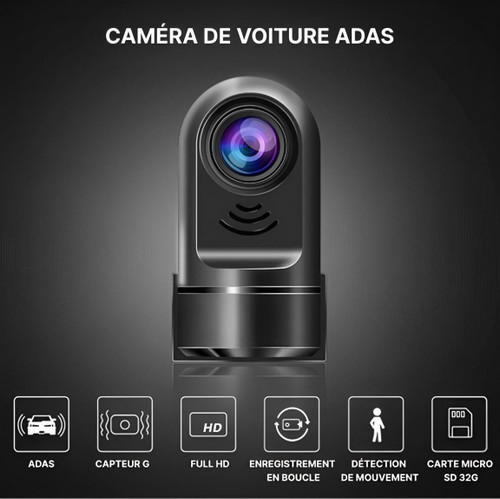 "Dashcam voiture intelligente, surveillance IA, caméra tableau de bord avec capteur avancé et ADAS, vue frontale détaillée."