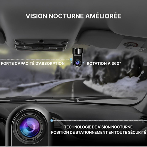 "Dashcam voiture intelligente, surveillance IA, caméra tableau de bord avec capteur avancé et ADAS, vue frontale détaillée."