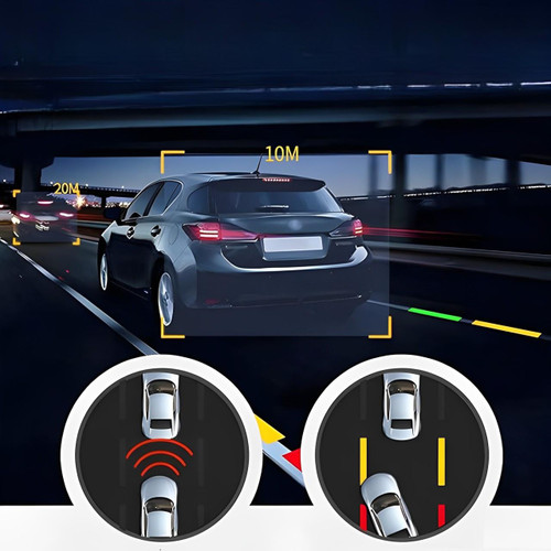 "Dashcam voiture intelligente, surveillance IA, caméra tableau de bord avec capteur avancé et ADAS, vue frontale détaillée."