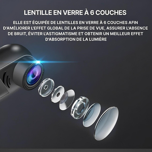 "Dashcam voiture intelligente, surveillance IA, caméra tableau de bord avec capteur avancé et ADAS, vue frontale détaillée."